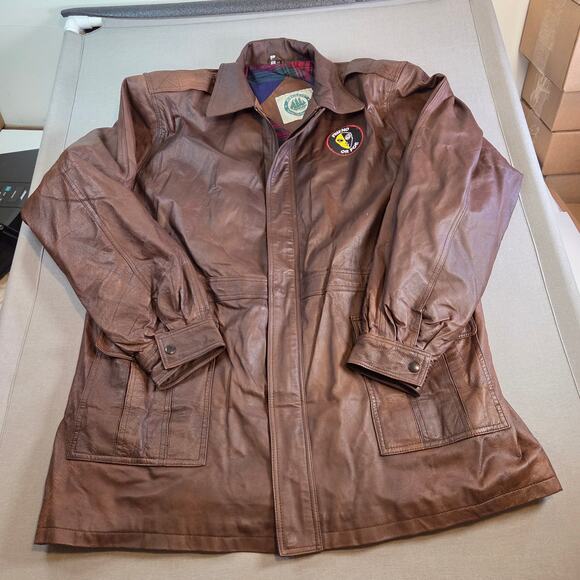 Burk’s Bay Brown Leather Car Coat Jacket 2XT Tall Plaid Lined Men’s Patch - Picture 1 of 10